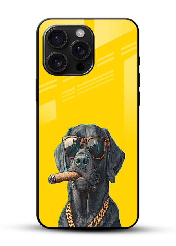 mafia dog cigar art glossy vibrant premium glass cover cool gangster dog illustration case - Angle Front