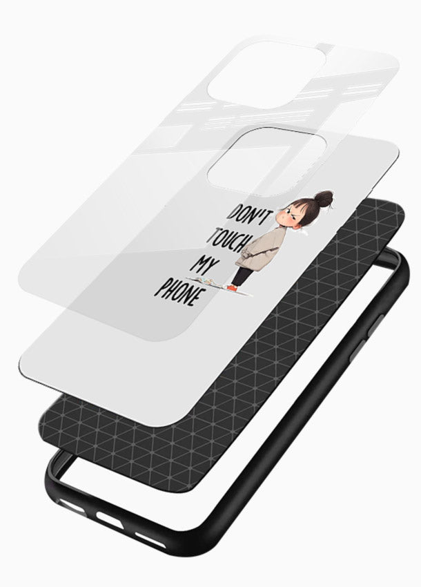 Don’t Touch Phone bold typography artwork glossy vibrant premium glass back cover - Angle Layers