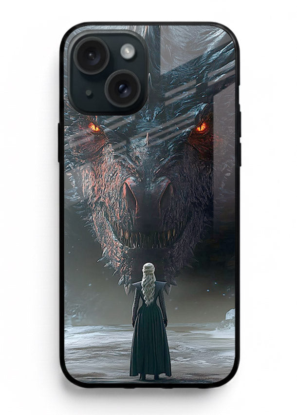 Dark dragon fantasy artwork printed on glossy tempered glass iPhone 14 back cover