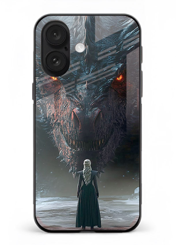 Dark dragon fantasy artwork printed on glossy tempered glass iPhone 16 back cover