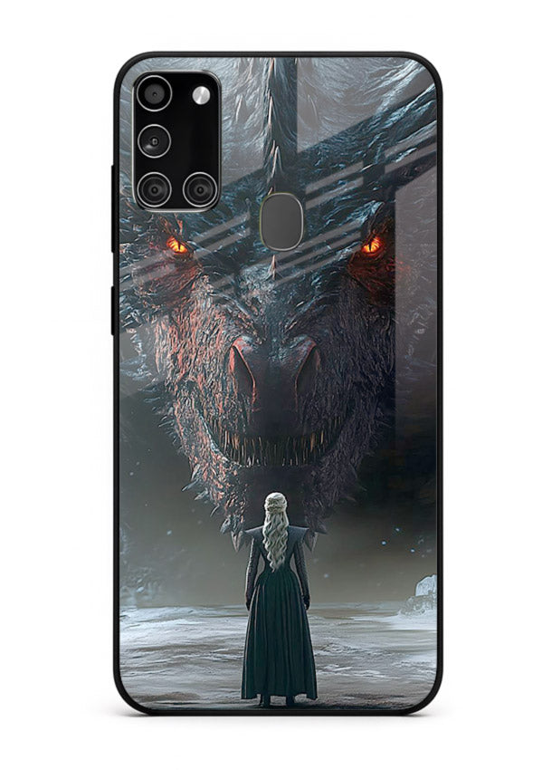 Dark dragon fantasy artwork printed on glossy tempered glass Samsung A21s back cover