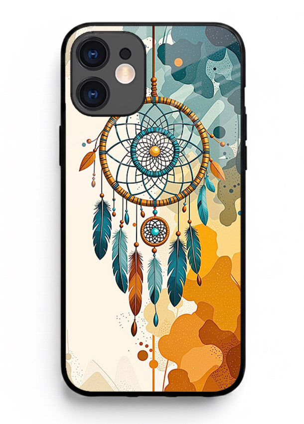 Boho dreamcatcher illustration printed on iphone 12 glass back cover in earthy tones.