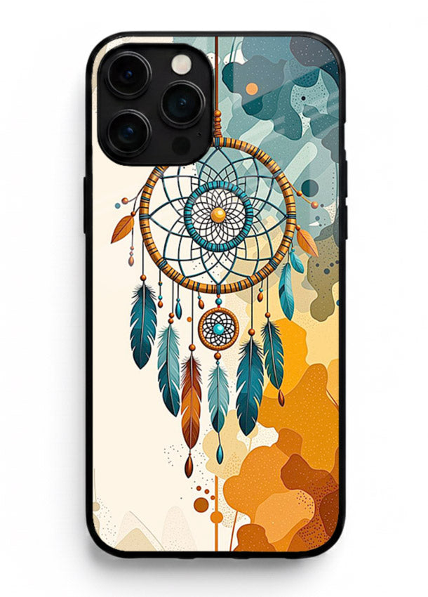 Boho dreamcatcher illustration printed on iphone 14 pro max glass back cover in earthy tones.