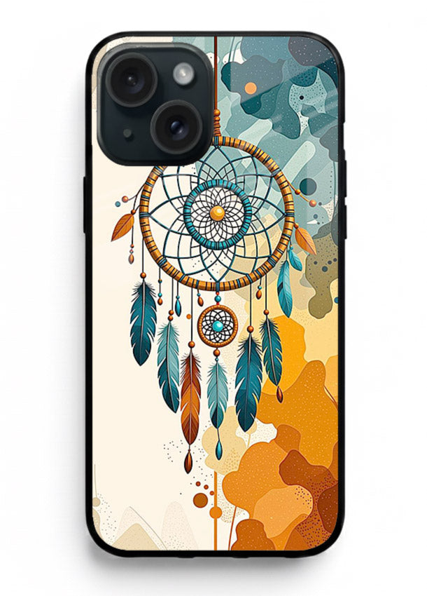 Boho dreamcatcher illustration printed on iphone 14 plus glass back cover in earthy tones.