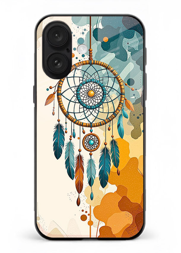 Boho dreamcatcher illustration printed on iphone 18 glass back cover in earthy tones.