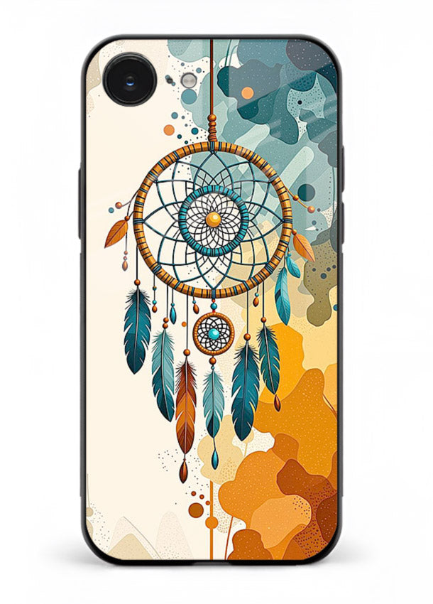 Boho dreamcatcher illustration printed on iphone 16e glass back cover in earthy tones.