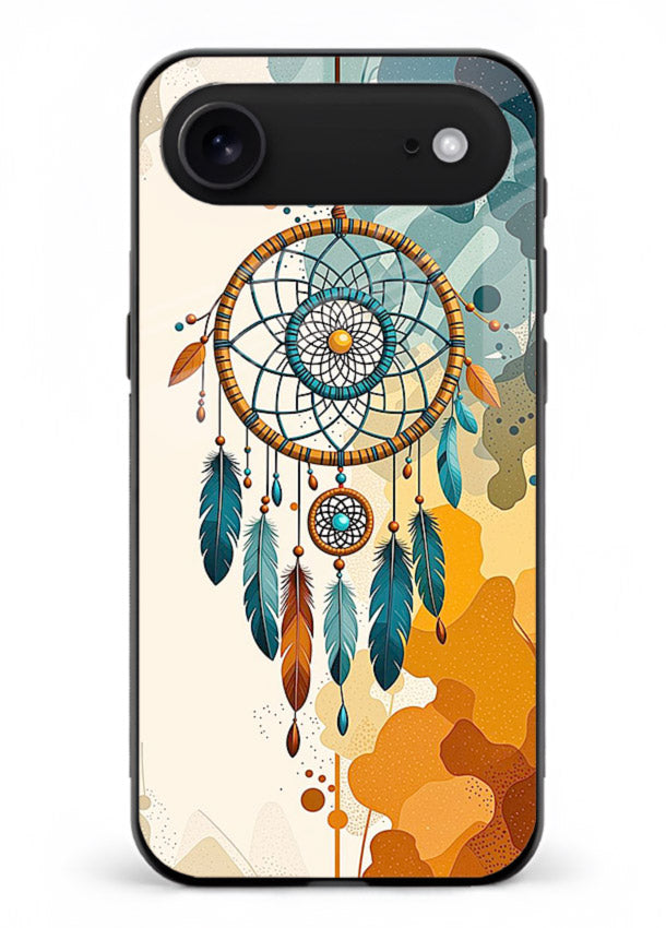 Boho dreamcatcher illustration printed on iphone 18 air glass back cover in earthy tones.