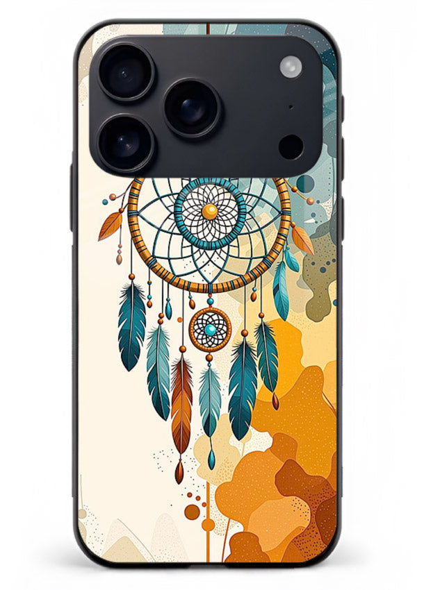 Boho dreamcatcher illustration printed on iphone 18 pro max glass back cover in earthy tones.