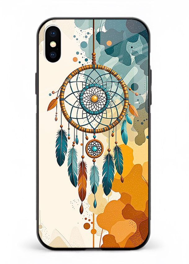Boho dreamcatcher illustration printed on iphone xs max glass back cover in earthy tones.