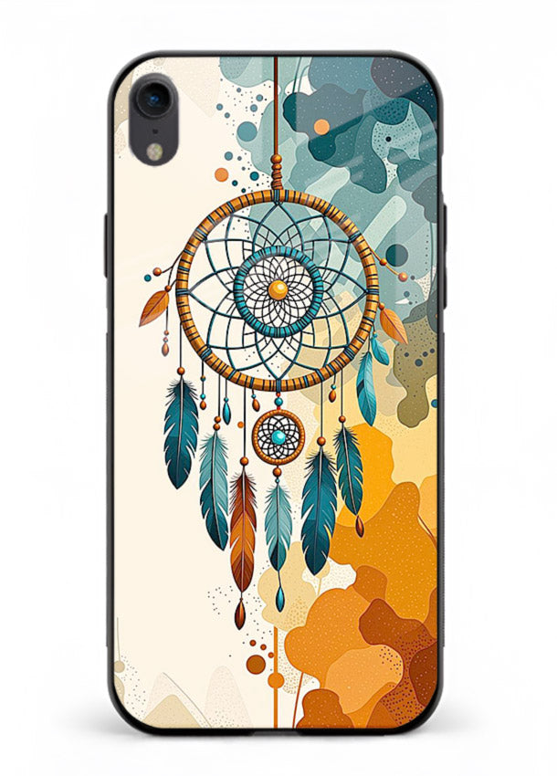Boho dreamcatcher illustration printed on iphone xr glass back cover in earthy tones.