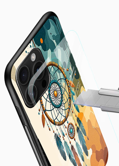 Boho dreamcatcher illustration printed on glossy vibrant premium glass back cover in earthy tones. - Angle Blade