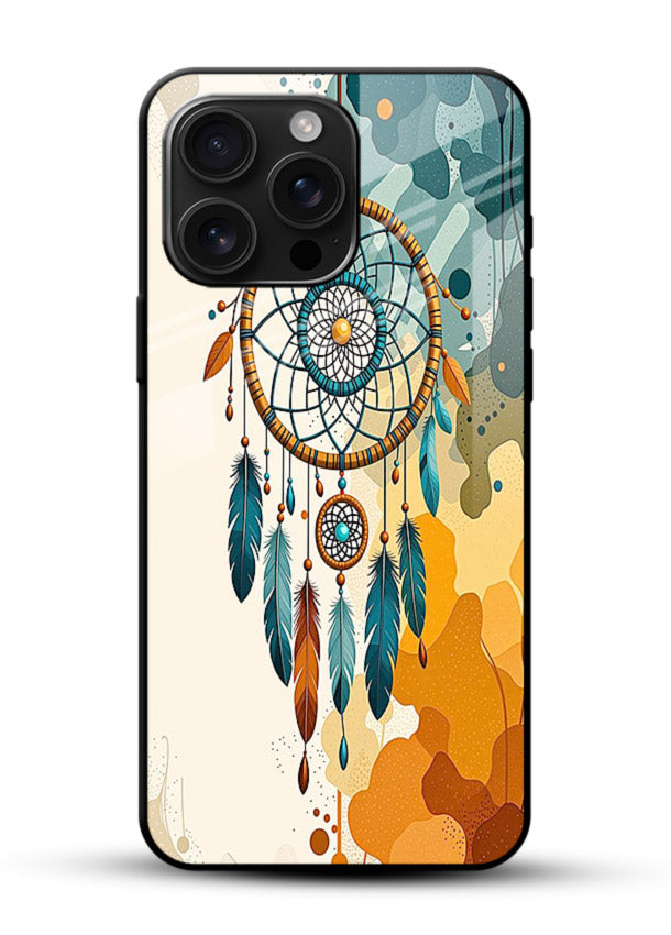 Boho dreamcatcher illustration printed on glossy vibrant premium glass back cover in earthy tones. - Angle Front