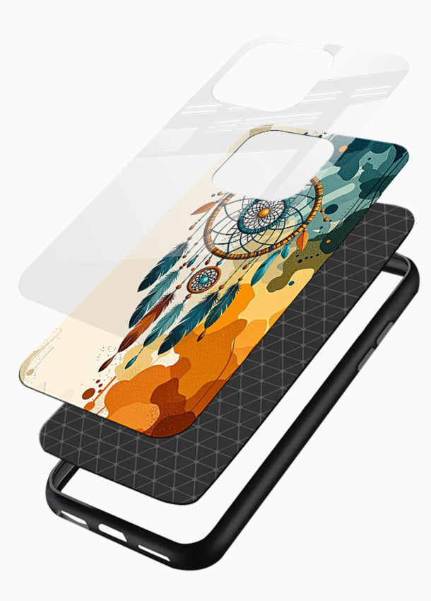 Boho dreamcatcher illustration printed on glossy vibrant premium glass back cover in earthy tones. - Angle Layers