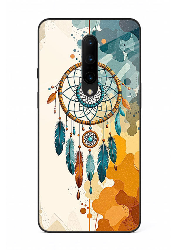Boho dreamcatcher illustration printed on OnePlus 7 Pro glass back cover in earthy tones.