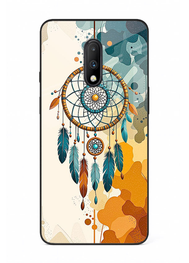 Boho dreamcatcher illustration printed on OnePlus 7 glass back cover in earthy tones.
