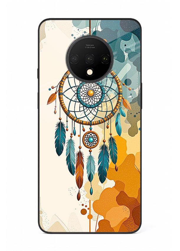 Boho dreamcatcher illustration printed on OnePlus 7T glass back cover in earthy tones.