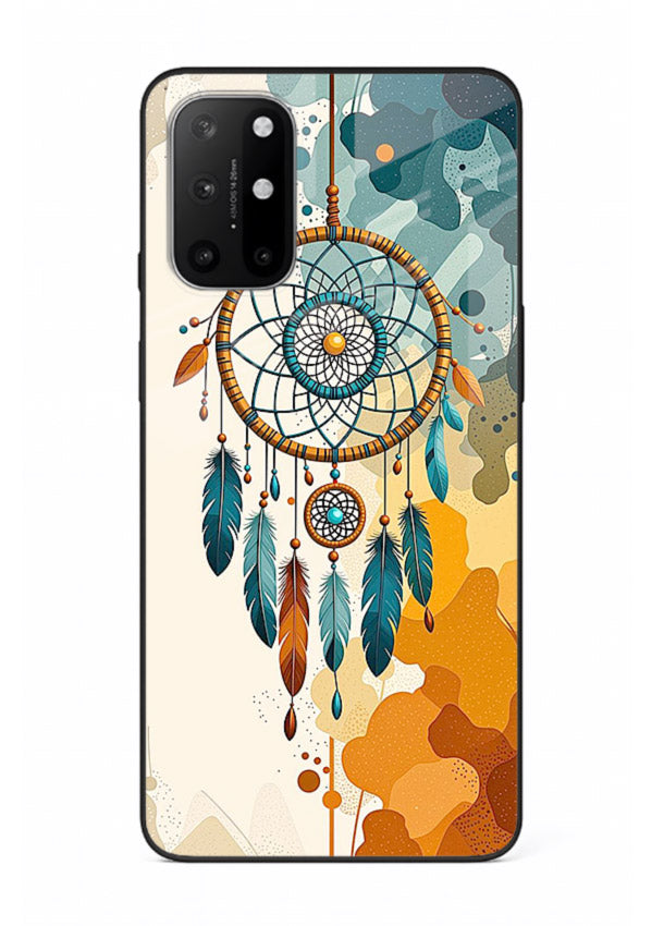 Boho dreamcatcher illustration printed on OnePlus 8T glass back cover in earthy tones.