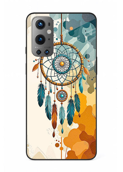 Boho dreamcatcher illustration printed on OnePlus 9 glass back cover in earthy tones.