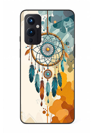 Boho dreamcatcher illustration printed on OnePlus 9 Pro glass back cover in earthy tones.