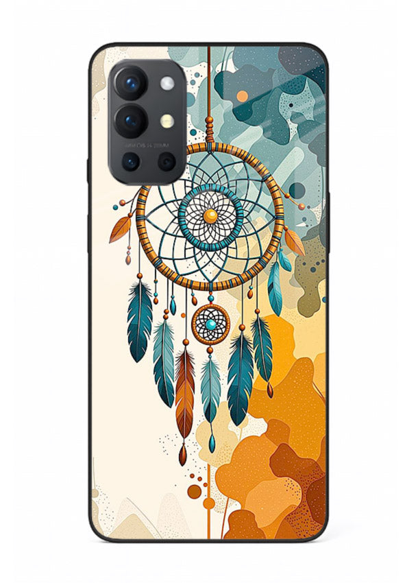 Boho dreamcatcher illustration printed on OnePlus 9R glass back cover in earthy tones.