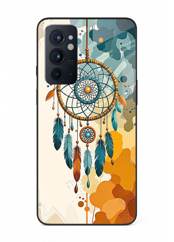 Boho dreamcatcher illustration printed on OnePlus 9RT glass back cover in earthy tones.