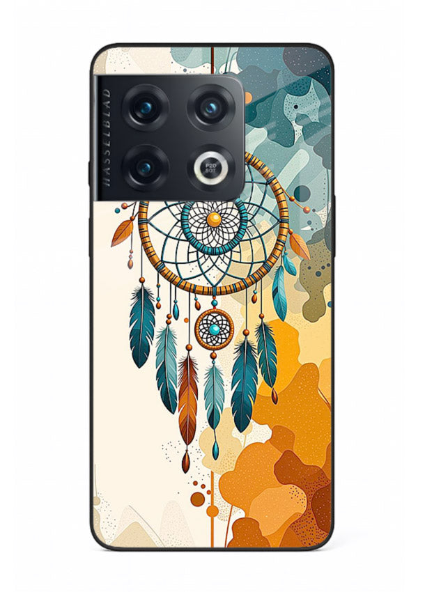 Boho dreamcatcher illustration printed on OnePlus 10 Pro glass back cover in earthy tones.