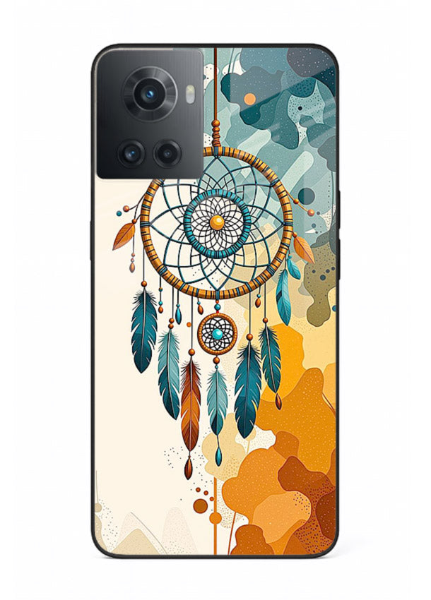 Boho dreamcatcher illustration printed on OnePlus 10R glass back cover in earthy tones.