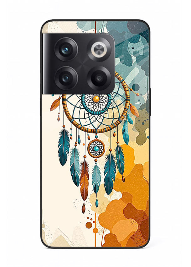 Boho dreamcatcher illustration printed on OnePlus 10T glass back cover in earthy tones.
