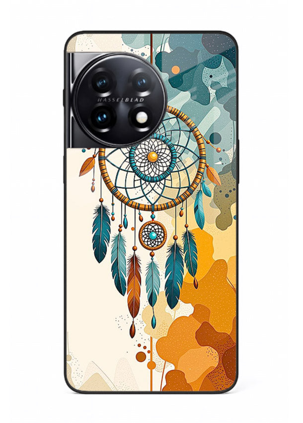 Boho dreamcatcher illustration printed on OnePlus 11 glass back cover in earthy tones.