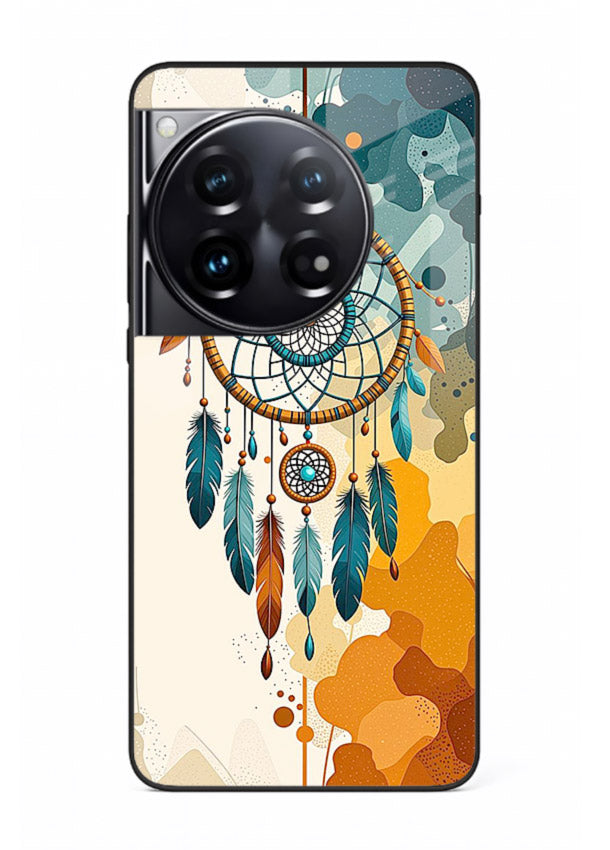 Boho dreamcatcher illustration printed on OnePlus 12 glass back cover in earthy tones.