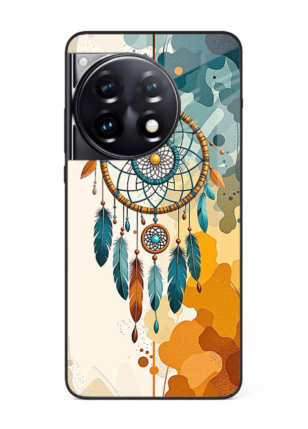 Boho dreamcatcher illustration printed on OnePlus 12R glass back cover in earthy tones.