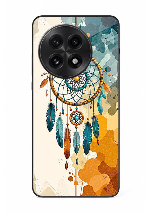 Boho dreamcatcher illustration printed on OnePlus 13R glass back cover in earthy tones.