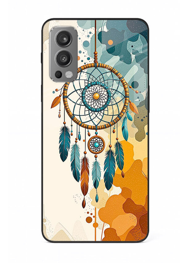 Boho dreamcatcher illustration printed on OnePlus Nord 2 glass back cover in earthy tones.