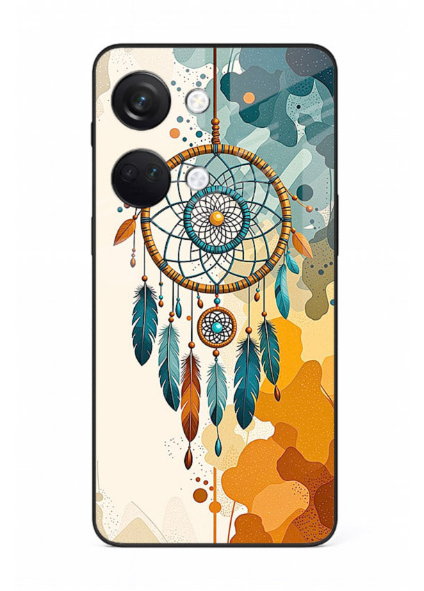 Boho dreamcatcher illustration printed on OnePlus Nord 3 glass back cover in earthy tones.