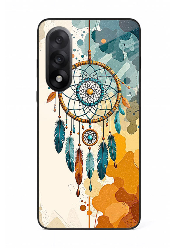 Boho dreamcatcher illustration printed on OnePlus Nord 5 glass back cover in earthy tones.