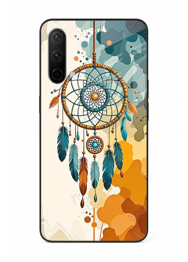 Boho dreamcatcher illustration printed on OnePlus Nord CE 5G glass back cover in earthy tones.