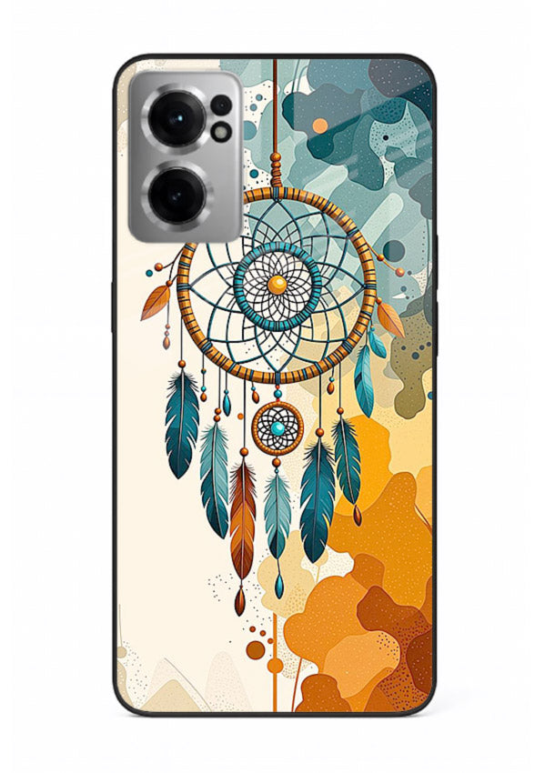 Boho dreamcatcher illustration printed on OnePlus Nord CE2 5G glass back cover in earthy tones.