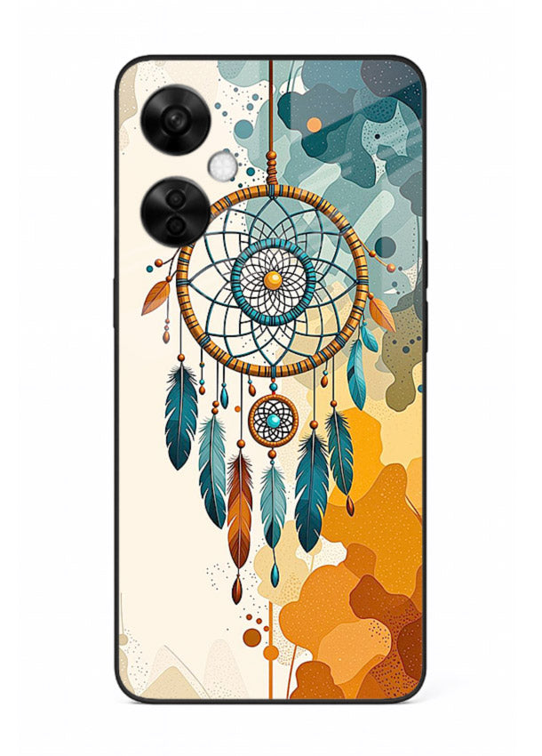 Boho dreamcatcher illustration printed on OnePlus Nord CE3 Lite glass back cover in earthy tones.