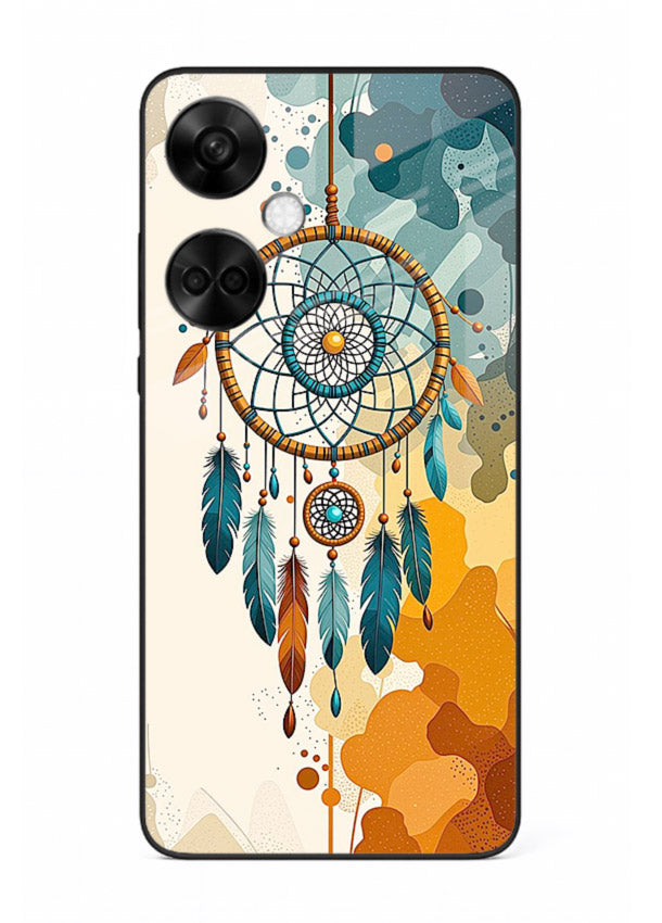 Boho dreamcatcher illustration printed on OnePlus Nord CE3 glass back cover in earthy tones.