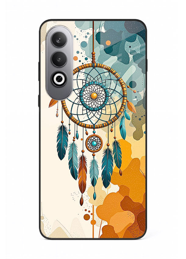 Boho dreamcatcher illustration printed on OnePlus Nord CE4 glass back cover in earthy tones.