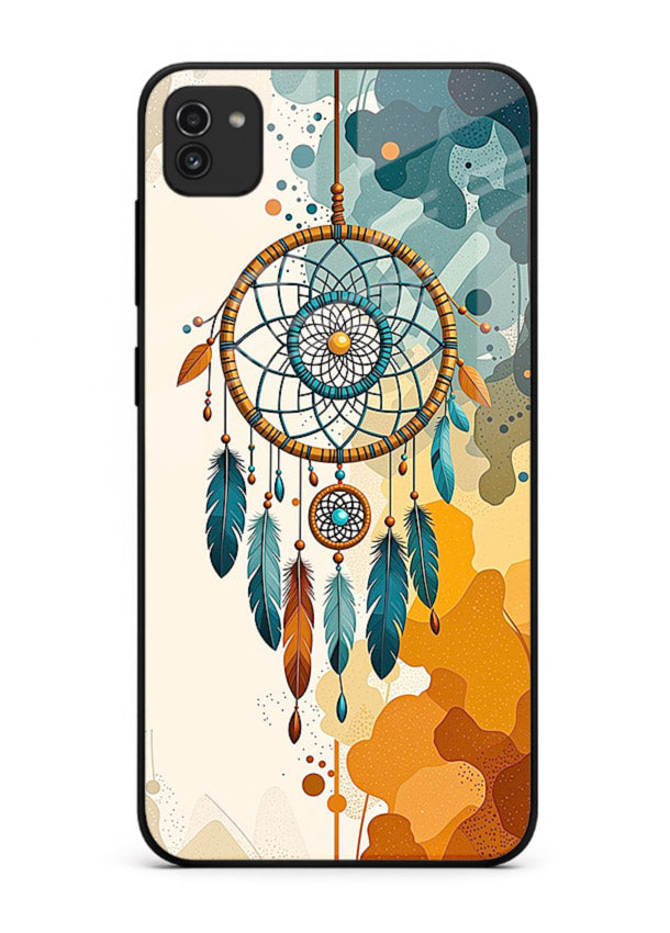 Boho dreamcatcher illustration printed on Samsung A03 glass back cover in earthy tones.