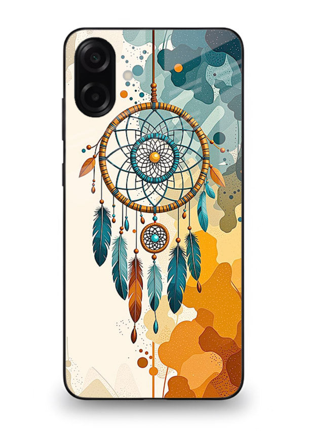 Boho dreamcatcher illustration printed on Samsung M13 5G glass back cover in earthy tones.