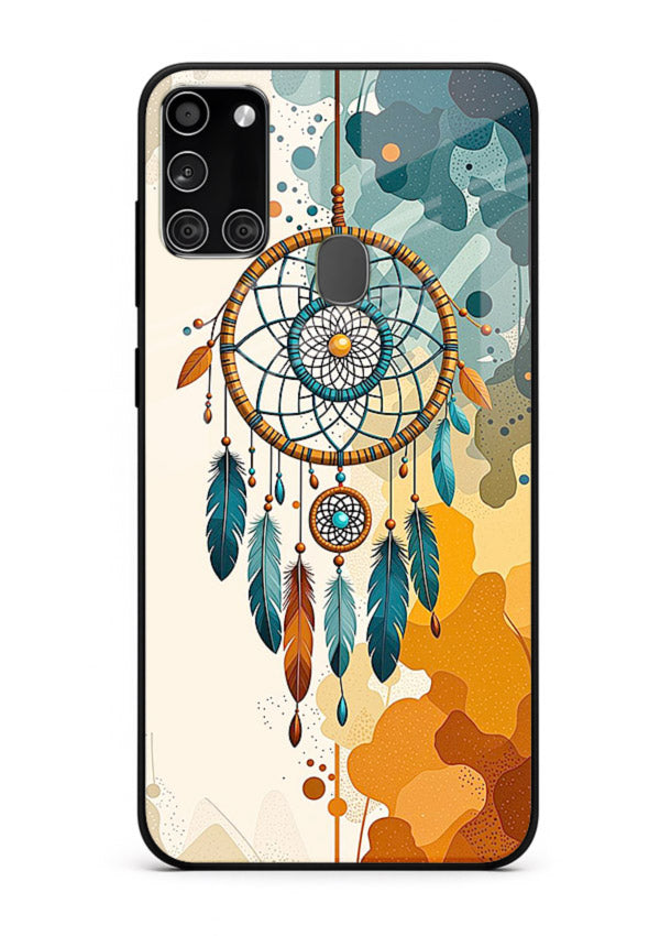 Boho dreamcatcher illustration printed on Samsung A21s glass back cover in earthy tones.