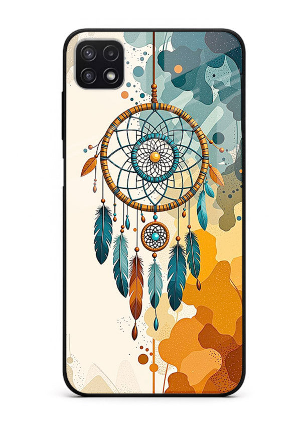 Boho dreamcatcher illustration printed on Samsung F42 5G glass back cover in earthy tones.