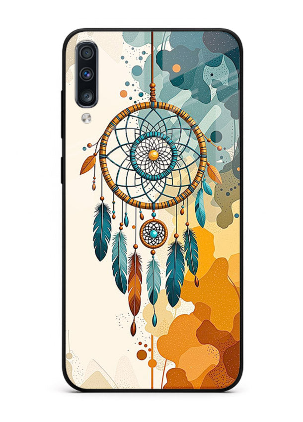 Boho dreamcatcher illustration printed on Samsung A70 glass back cover in earthy tones.