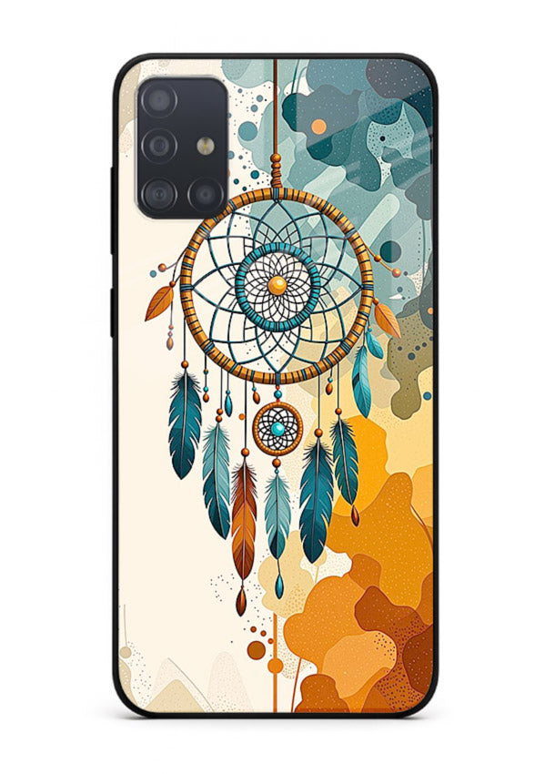 Boho dreamcatcher illustration printed on Samsung A51 glass back cover in earthy tones.