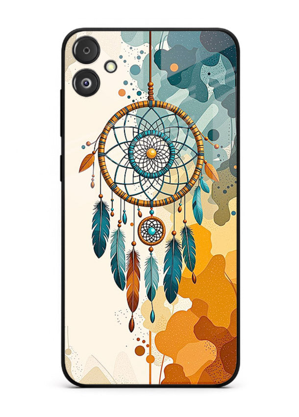 Boho dreamcatcher illustration printed on Samsung F04 5G glass back cover in earthy tones.