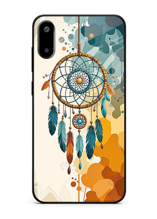 Boho dreamcatcher illustration printed on Samsung F06 5G glass back cover in earthy tones.