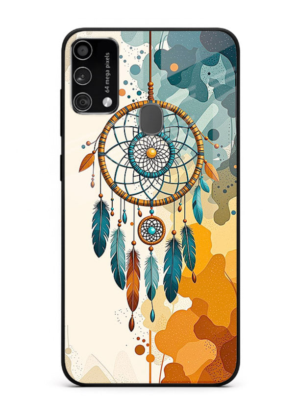 Boho dreamcatcher illustration printed on Samsung F41 glass back cover in earthy tones.