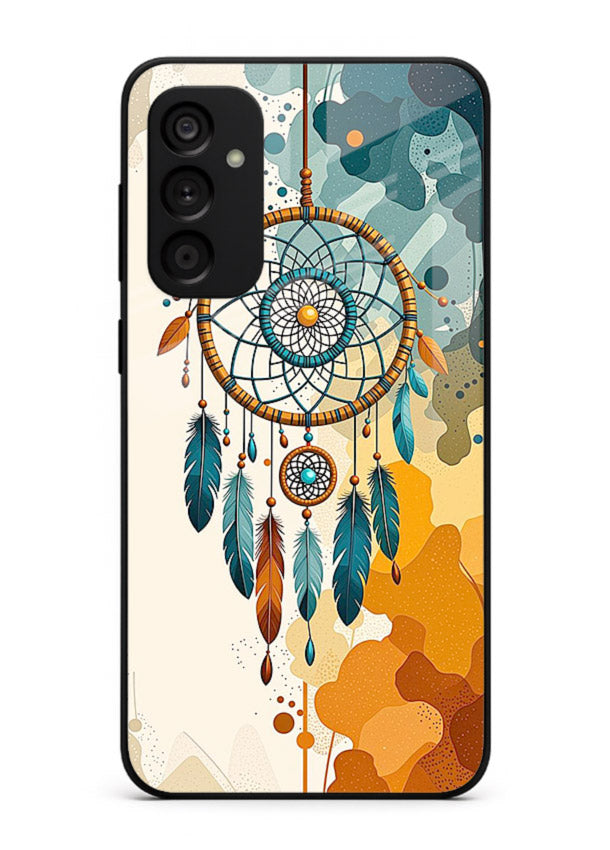 Boho dreamcatcher illustration printed on Samsung A14 5G glass back cover in earthy tones.